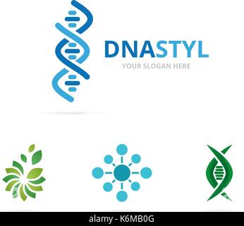 Il vettore di DNA cromosoma e la combinazione di logo. Gene e helix simbolo o icona. Spirale unica e logotipo molecolare modello di disegno. Illustrazione Vettoriale