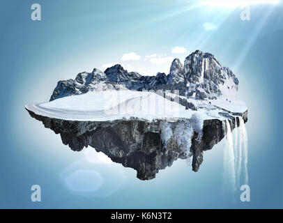 Incredibile isola invernale con grove galleggianti in aria con caduta di acqua e neve sotto il bel sole Foto Stock