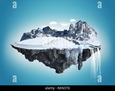 Incredibile isola invernale con grove galleggianti in aria con caduta di acqua e neve Foto Stock