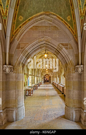 Università di Yale chiostro corridoio - vista interna della collegiata architettura gotica chiostro in stile corridoio situato all'interno della Sterling Memorial Lib Foto Stock