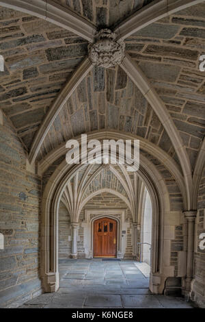 Università di Princeton Hall porta archi - vista di un perfetto esempio della collegiata architettura gotica di stile. Foto Stock