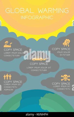 Mondo ozono giorno 16 settembre una infografica impostare il riscaldamento globale concetto, sole, cielo e cloud illustrazione isolato su sfondo blu scuro, con copia spac Illustrazione Vettoriale