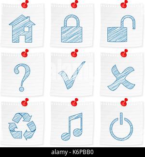 Nota carta e simbolo di disegno su uno sfondo bianco. illustrazione vettoriale. Illustrazione Vettoriale