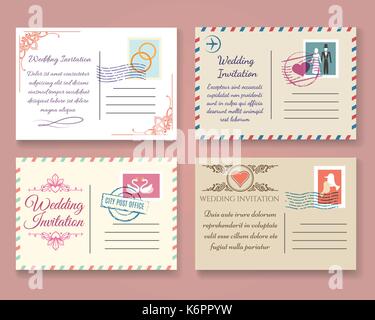 Vintage wedding cartolina template vettoriale. vecchio vettore matrimonio invito postale carte per scrapbook o salvare data lettere Illustrazione Vettoriale