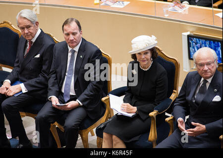 Stoccolma, Svezia, 12 settembre, 2017. Apertura del Riksdag sessione. cerimonia in camera all'apertura del Riksdag sessione. pm stefan lofven, Regina Silvia, re Carl XVI Gustaf. /Credit:barbro bergfeldt/alamy live news Foto Stock