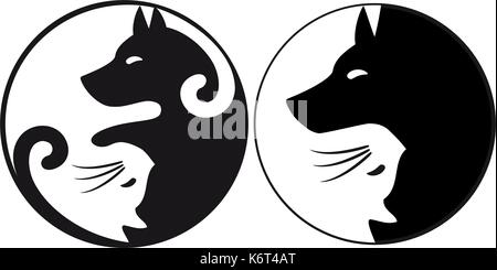 Yin Yang simbolo con il cane e gatto, logo design per pratica veterinaria, vettore grafico Illustrazione Vettoriale