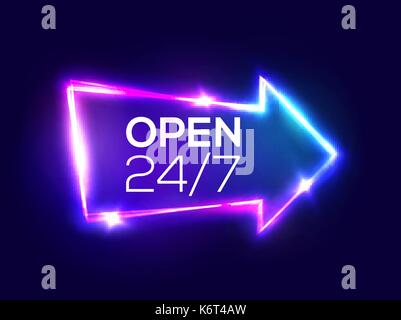 Aprire 24 7 ore. Night Club insegna al neon. Retrò 3d la barra luminosa puntatore a freccia con effetto neon. Techno telaio sul blu scuro sullo sfondo. Strada elettrico Banner Design. Colorata illustrazione vettoriale in 80s stile. Illustrazione Vettoriale