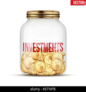 Risparmio di denaro moneta nel vaso con etichetta di investimenti Illustrazione Vettoriale