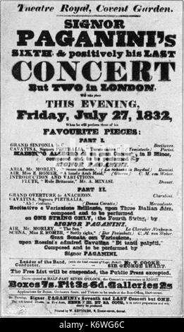 PAGANINI Londer poster concerto 31 luglio,1832 al Theatre Royal di Covent Garden. La musica di Mozart, Haydn, Weber e Paganini stesso. Niccolò Paganini 1782-1840.Italiano violinista e compositore Foto Stock