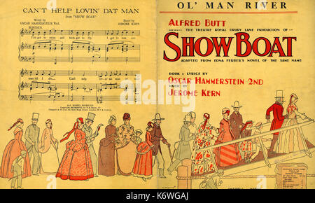 Hammerstein II e Kern - SHOW BOAT cliente coperchio. Copertina anteriore e posteriore della versione per pianoforte e voce di "Ol' Man River'. Parole da Oscar Hammerstein II, musica di Jerome Kern. Il Theatre Royal Drury Lane. Pubblicato da Chappell. Pubblicato 1927. Foto Stock