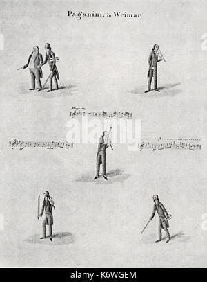 PAGANINI a Weimar - caricatura del violinista e compositore Niccolò Paganini azienda / suonare il violino. Anche i punteggi. Il violinista italiano 27 Ottobre 1782 - 27 Maggio 1840 Foto Stock