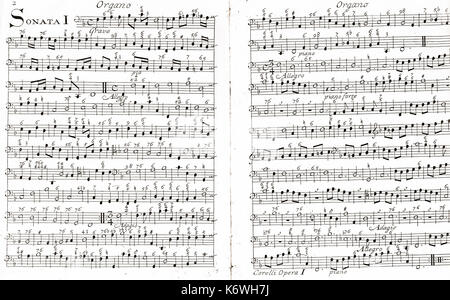 CORELLI Arcangelo. Opus 1. Sonate 1 Due pagina della partitura stampata da organo/bass parte illustrante FIGURED BASS. L'Italiano violinista e compositore 1653-1713