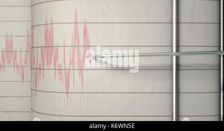 Un primo piano di un sismografo ago della macchina il disegno di una linea rossa sul grafico raffigurante la carta sismica e attività sismica - 3D render Foto Stock