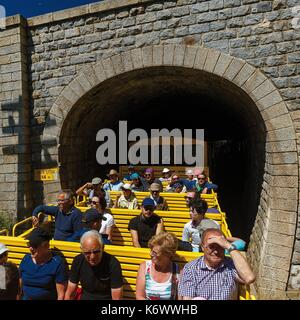 Francia, Pirenei orientali, parco naturale regionale dei Pirenei catalani, Tet Valley, Le Train Jaune, turisti che si godono il trenino giallo, il passaggio del treno in galleria Foto Stock