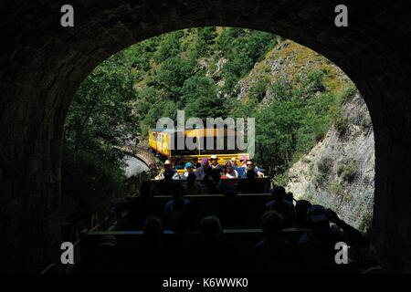 Francia, Pirenei orientali, parco naturale regionale dei Pirenei catalani, Tet Valley, Le Train Jaune, turisti che si godono il trenino giallo, il passaggio del treno in galleria Foto Stock