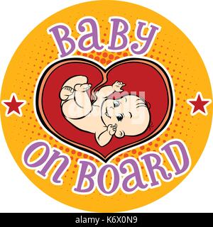 Baby on board, embrione nel grembo. disegnati a mano illustrazione cartoon arte pop retrò stile vettoriale Illustrazione Vettoriale