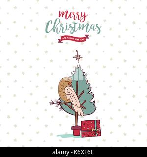 Auguri di Buon Natale felice anno nuovo disegnati a mano animale bigliettino. simpatico uccello in xmas pino cartoon con confezione regalo e vacanze preventivo tipografia. eps10 Illustrazione Vettoriale
