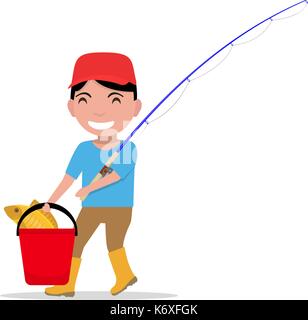 Vector cartoon boy andando per canna da pesca del pesce della benna Illustrazione Vettoriale