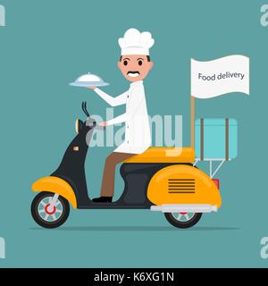 Vector funny cartoon chef cuoco uomo scooter cibo Illustrazione Vettoriale