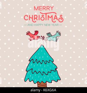 Auguri di Buon Natale felice anno nuovo disegnati a mano bigliettino. carino uccelli sorvolano pino con la tipografia vacanze preventivo. eps10 vettore. Illustrazione Vettoriale