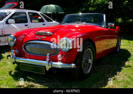 Vista frontale di un'auto sportiva rossa Austin Healey in mostra in un classico spettacolo di auto in Galles UK Foto Stock