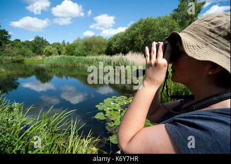 Donna birdwatching, Barnes, Londra, Regno Unito, guardando attraverso il binocolo a uccelli sull acqua Foto Stock