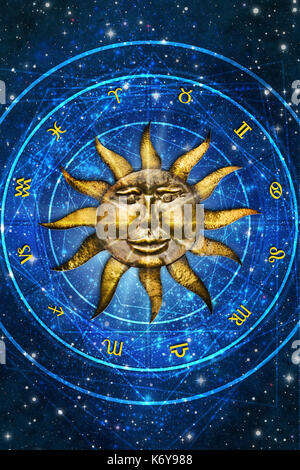 Grafico di astrologia con tutti i segni dello zodiaco e il sole al centro di essa Foto Stock