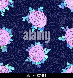Decorazione floreale luminoso dello sfondo con graziosi rose, modello senza cuciture in colori lilla su sfondo blu. Illustrazione Vettoriale
