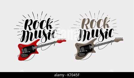 La musica rock lettering chitarra, musical stringa strumento simbolo. illustrazione vettoriale Illustrazione Vettoriale