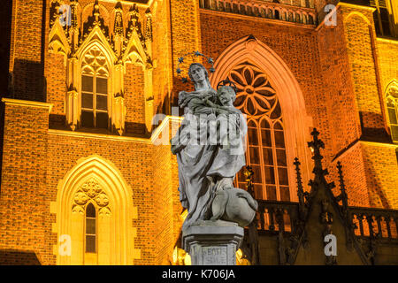 La scultura di Santa Maria e il bambino al di fuori del Wroclaw Cattedrale di San Giovanni Battista di notte in Ostrow Tumski, Wroclaw Foto Stock