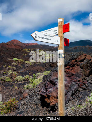 Los Volcanes de Teneguía, Cumbre Vieja. La Palma. Parco nazionale di firmare il post E7, GR131, mostrando la "Ruta de los Volcanes' e 'Ruta de Los Volcanes" per gli escursionisti su uno dei percorsi di rosso. Foto Stock