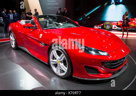 Francoforte, Germania. 12 settembre 2017. Salone Internazionale del motore 2017 (IAA, Internazionale Automobilil-Ausstellung), Giornata Stampa: Ferrari Portofino. Credito: Christian Lademann Foto Stock