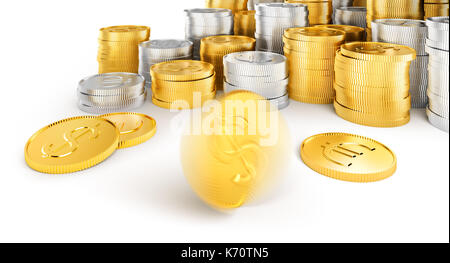 Pila di monete d oro e d argento con il dollaro ed euro segno isolato su sfondo bianco Foto Stock