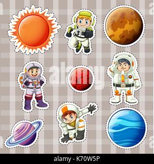 Sticker design per astronaunts e illustrazione dei pianeti Illustrazione Vettoriale