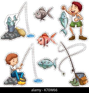 Sticker design per persone di pesca illustrazione Illustrazione Vettoriale