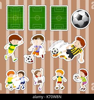 Sticker design per i giocatori di calcio e i campi immagine Illustrazione Vettoriale
