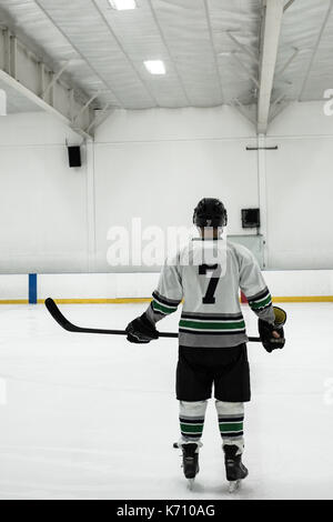 Vista posteriore dei maschi di giocatore di hockey su ghiaccio stick durante il riposo a rink Foto Stock