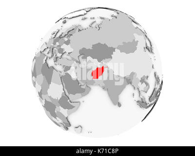 Afghanistan evidenziata in rosso su grigio globo politico. 3d illustrazione isolati su sfondo bianco. Foto Stock