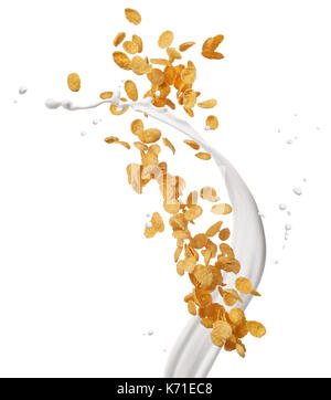 Corn flakes con latte splash isolato su bianco Foto Stock