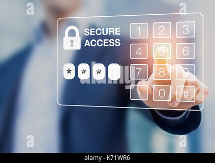 Persona di comporre la password su uno schermo virtuale tastierino digitale, accesso sicuro, sicurezza Foto Stock