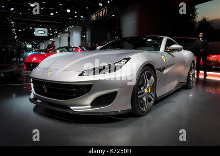 Francoforte, Germania. Xiii Sep, 2017. Ferrari Portofino auto sportiva in anteprima mondiale al salone di Francoforte IAA Motor Show 2017. Credito: JLBvdWOLF/Alamy Live News Foto Stock