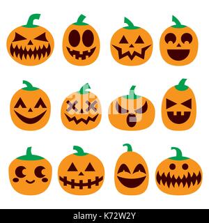 Vettore di zucca set di icone, Scary Halloween facce set design, decorazione horror Illustrazione Vettoriale