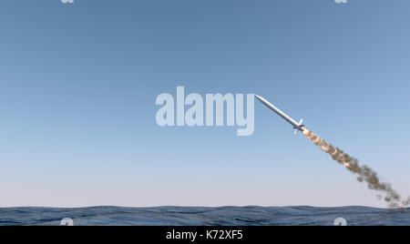 Un balistico intercontinentale di lancio di missili in tutta l'Oceano su un cielo blu backgrund - 3D render Foto Stock