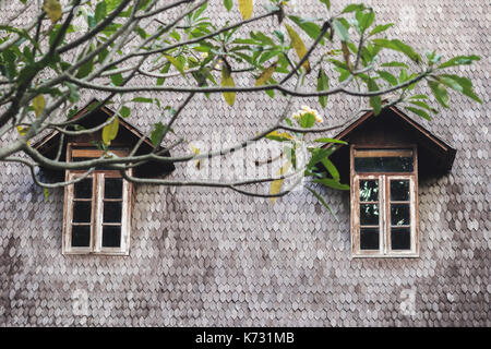Le piccole finestre in legno sul tetto di tegole. vecchio stile europeo house Foto Stock