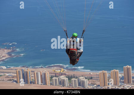 Il parapendio in tandem sopra la città costiera di Iquique sulla costa nord del Cile. Foto Stock