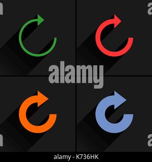 4 icona a forma di freccia. impostare 05. ripetere, ricaricare, aggiorna, rotazione, segno di reset. pittogramma di colore nero con lunga ombra su sfondo grigio. semplice, solido, pianura, Illustrazione Vettoriale