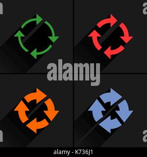 4 icona a forma di freccia. impostare 04. reset, ripetere, ricaricare, aggiorna, segno di rotazione. pittogramma di colore nero con lunga ombra su sfondo grigio. semplice, solido, pianura, Illustrazione Vettoriale