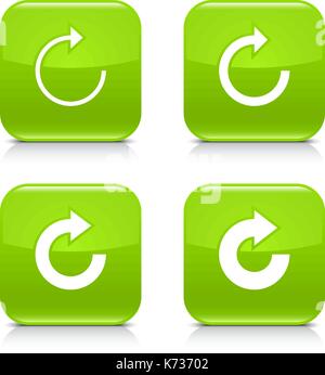 4 icona a forma di freccia bianca rotazione, ripetere, aggiorna, ricaricare il segno. impostare 05. verde quadrato con angoli arrotondati con il pulsante grigio a riflessione, ombra nera su sfondo bianco Illustrazione Vettoriale