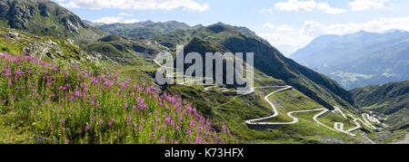 Tremola vecchia strada che conduce a San Gottardo sulle alpi svizzere Foto Stock