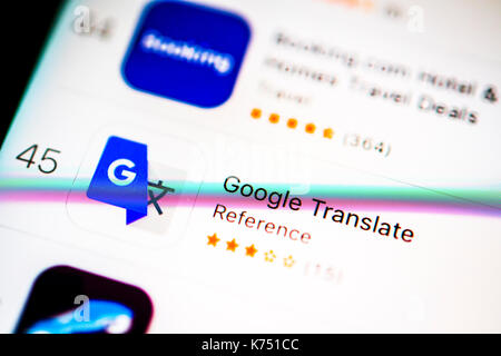 Traduttore di Google, Google translate app nell'app Apple Store, visualizzazione su uno schermo di un telefono mobile, iphone, ios, smartphone Foto Stock